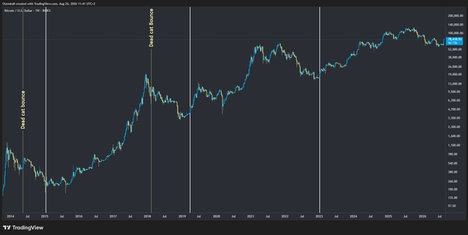 A long-term TradingView chart of Bitcoin (BTCUSD) from 2014-2026 marked with two 'Dead cat bounce' annotations showing historical price cycles.