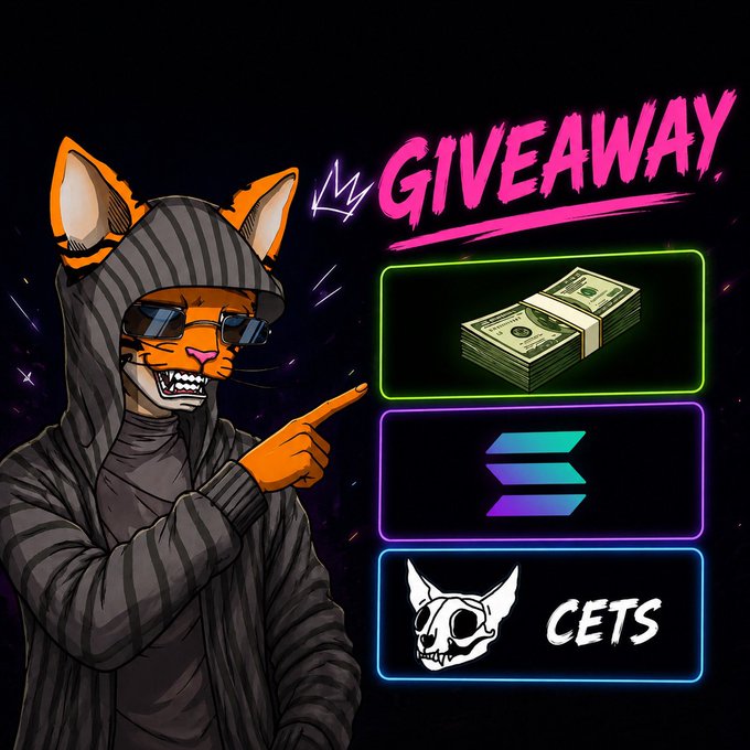 A cartoon orange cat in a striped hoodie and sunglasses points toward a "GIVEAWAY" announcement featuring prizes of cash stacks, Solana (SOL), and "CETS" tokens, promoting a weekend crypto giveaway reward for the community.