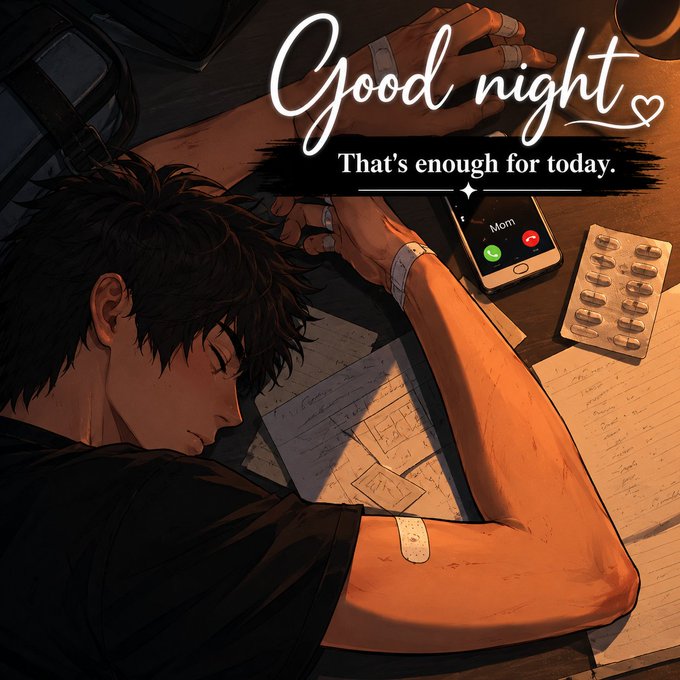 urn of water, phone, and pills on a desk with the text "Good night! That's enough for today."