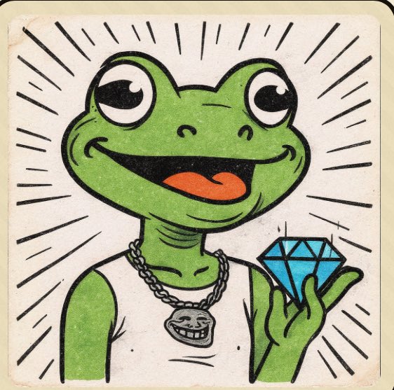 A retro-style cartoon illustration of Pepe the Frog smiling widely, wearing a silver chain with a Pepe pendant and holding up a blue diamond.