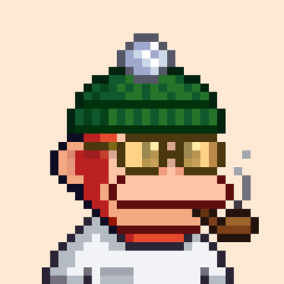 Pixel art illustration of a monkey character wearing a green beanie with a pom-pom, sunglasses, and smoking a cigar, reminiscent of Bored Ape Yacht Club NFTs.