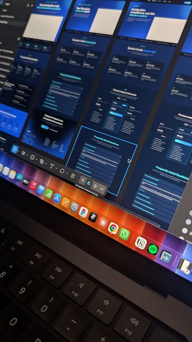 A laptop screen displaying a Figma design interface with multiple mobile app screens for 'Frequently Asked Questions', with the macOS dock visible at the bottom of the screen.