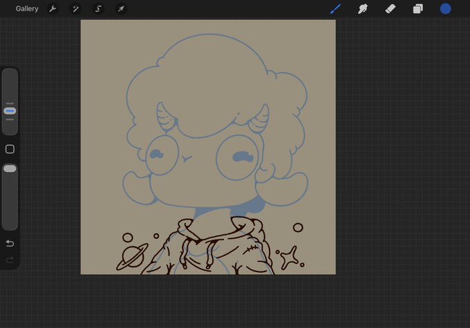 A digital illustration in progress on a drawing app (Procreate) shows a cute, cartoon-style character with curly hair and large eyes, wearing a hoodie with celestial elements like stars and a ringed planet, matching the "Galaxy Hoodie on Star skin @GoatsOfSolana" NFT reference.