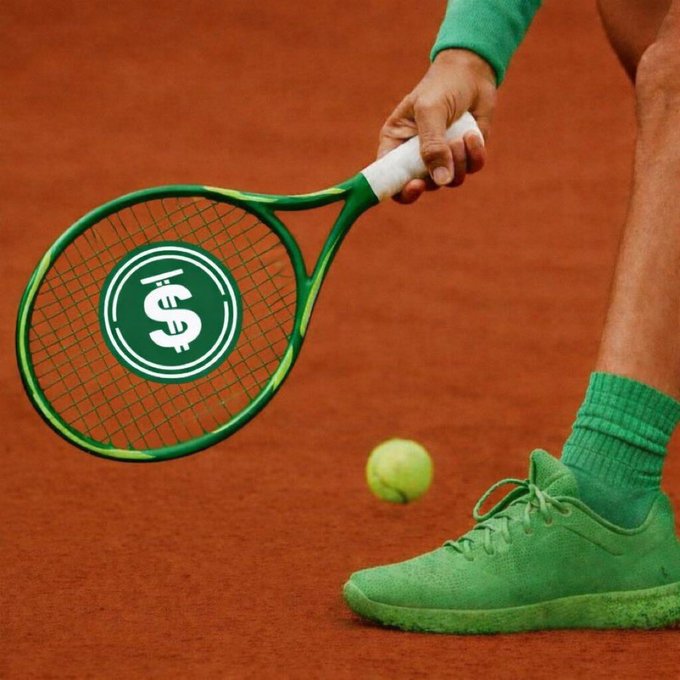 A player grips a green tennis racket on a clay court, where a dollar sign ($) is embedded in the strings in place of a logo, as they prepare to bounce a ball. The image visually represents the post's theme of putting assets to work, with the dollar symbol on the racket symbolizing earning yield on $USDD stablecoins through the TRON DeFi ecosystem rather than letting them sit idle.