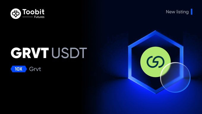 A promotional graphic from Toobit Futures announcing the new listing of the GRVT/USDT trading pair, featuring the Toobit logo, a "10X" leverage badge, and a hexagonal design with the GRVT token symbol on a dark blue background.
