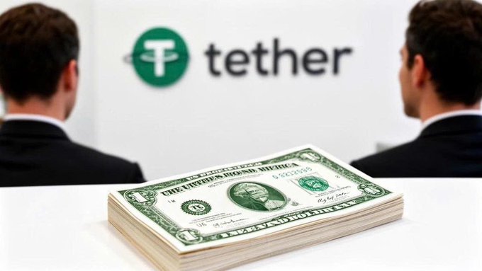 Two businessmen sit facing a Tether logo on the wall, with a stack of U.S. dollar bills on the table between them.