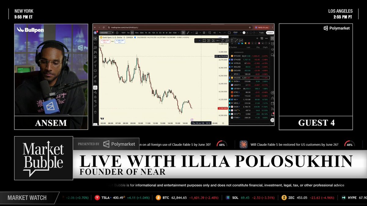 The image shows a screenshot from a live podcast featuring an interview with Illia Polosukhin, the founder of Market Bubble. The host of the show has been locked out of the invitational leaderboard during this segment. This indicates that the focus of the discussion at the moment is on Illia and her experiences as the founder of Market Bubble.