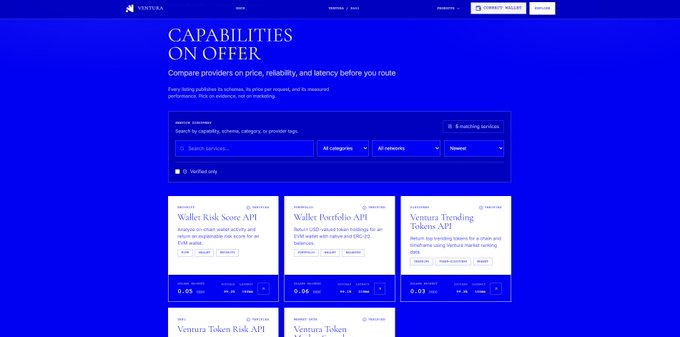 The image shows the Ventura platform's "CAPABILITIES ON OFFER" page, featuring a search interface for finding and comparing API services by criteria such as capability, schema, price, and network, with examples like the Wallet Risk Score API ($0.05), Wallet Portfolio API ($0.06), and top trending Ventura Trending Tokens API ($0.03) displayed below. This directly illustrates the post's description of Ventura providing agents with a machine-readable marketplace to discover, compare, and select APIs based on price, reliability, and latency before routing requests.