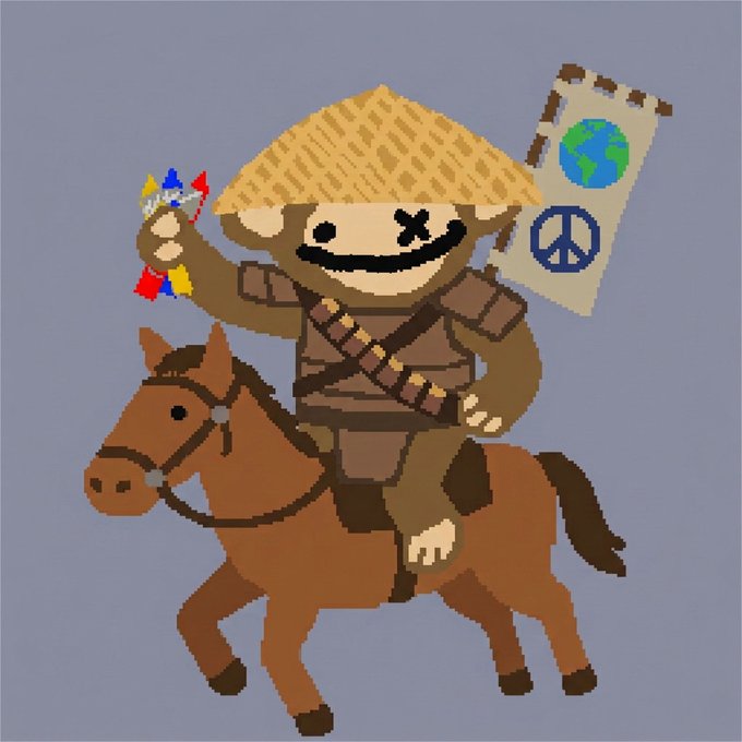 A cartoon drawing of a monkey-like character wearing a straw hat and brown armor, riding a horse and holding fireworks, with a banner displaying the planet Earth and a peace sign.