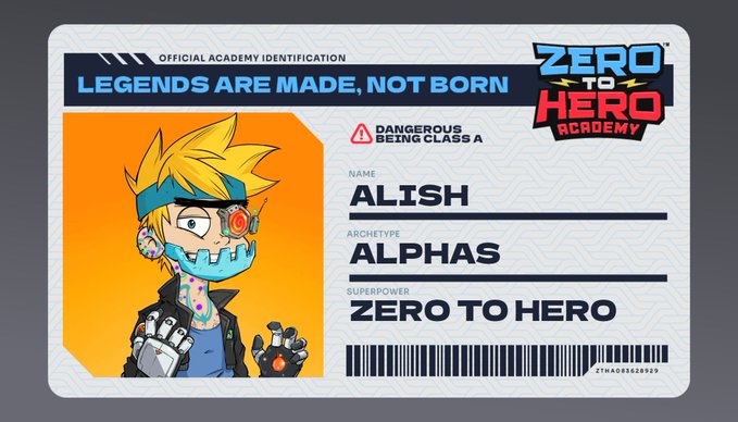 A digital ID card styled like an anime badge features a character with spiky yellow hair and cyberpunk enhancements, labeled "OFFICIAL ACADEMY IDENTIFICATION" for "ZERO TO HERO ACADEMY" with the name "ALISH", archetype "ALPHAS", and superpower "ZERO TO HERO".