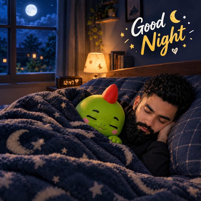 A bearded man sleeps in bed cuddling a green cartoon character with a red horn, under a starry blue blanket in a moonlit room with 'Good Night' text and yellow stars displayed in the upper right corner.