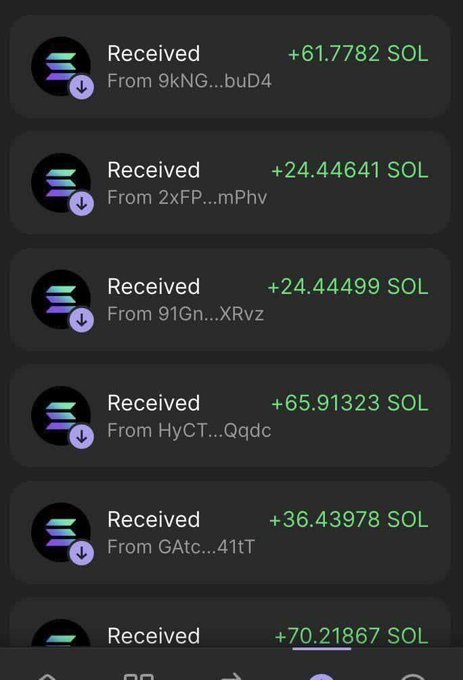 A mobile app screenshot showing multiple Solana (SOL) cryptocurrency received transactions from various wallet addresses, including amounts like +61.7782 SOL, +24.44641 SOL, and +65.91323 SOL.