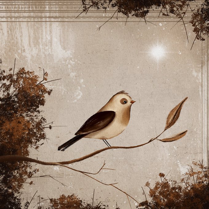 A vintage-style illustration shows a small brown and tan bird perched on a thin branch with a few leaves, set against a textured beige background with a glowing star and foliage elements.