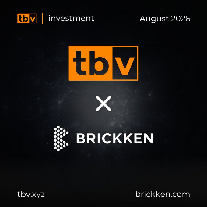 A partnership announcement graphic showing 'tbv | investment' (tbv.xyz) and BRICKKEN (brickken.com) collaboration dated August 2026.