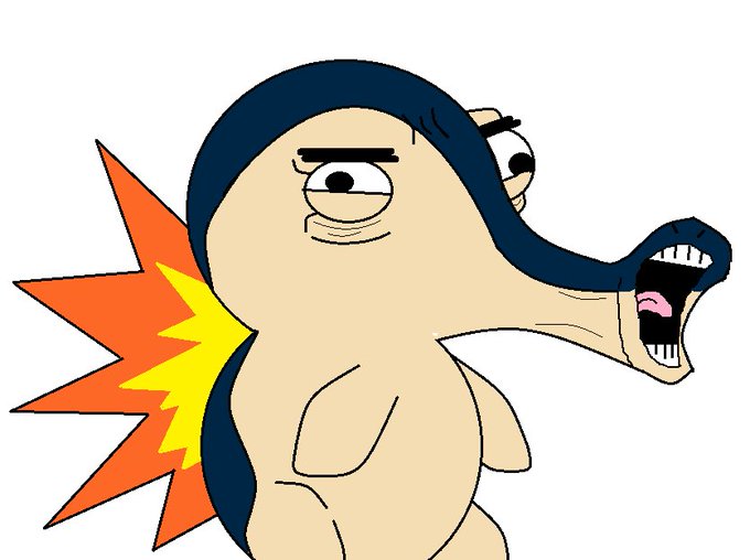 A cartoon-style illustration of a muscular humanoid character with a blue ponytail and elongated face, yelling with an open mouth, with an orange and yellow starburst graphic behind its back.