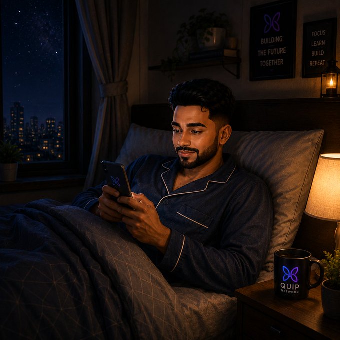 A man in pajamas smiles at his smartphone while lounging in bed at night, with motivational posters reading "BUILDING THE FUTURE TOGETHER" and "FOCUS LEARN BUILD REPEAT" on the wall, and a "QUIP NETWORK" mug on the nightstand.