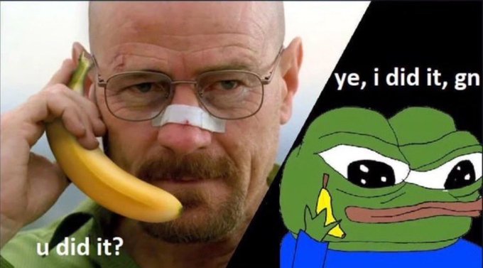 A meme featuring Walter White from Breaking Bad holding a banana as a phone alongside the Sad Pepe frog meme, with text "u did it?" and "ye, i did it, gn." The image humorously contrasts two types of crypto KOLs—paid versus unemployed Pumpfun influencers—both suspiciously supporting the same token (kimchi), implying skeptical judgment of their motives.
