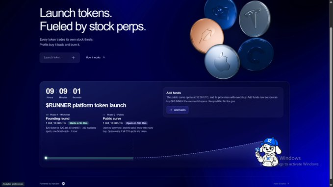 A dark-themed webpage for launching tokens backed by stock perps, featuring a countdown timer showing 09:09:01 for the $RUNNER platform token launch, with an 'Add funds' section on the right.