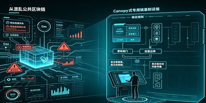 A futuristic Chinese-language blockchain infographic contrasting '混乱公共区块链' (chaotic public blockchain) with 'Canopy式专用链基础设施' (Canopy-style dedicated chain infrastructure).