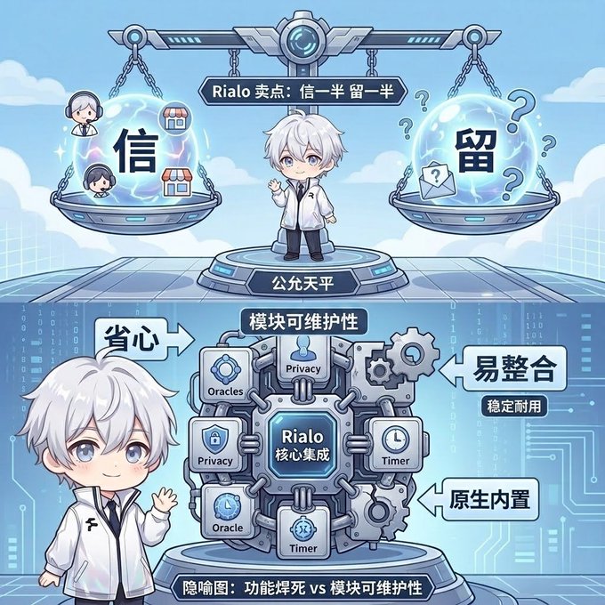 An illustration showing a white-haired chibi character standing on a platform between two scales labeled '信' (Trust) and '留' (Retention) with Chinese text including 'Rialo' and '公允天平' (Fair Balance), below which sits a module diagram highlighting Rialo's core integration features like Privacy, Oracle, and Timer.