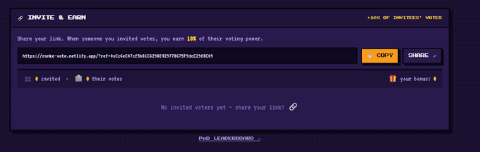 A dark purple "Invite & Earn" referral panel displaying a unique voting power link, currently with 10 invites generating 11 votes and 0 bonus, alongside buttons to copy or share the link. The image directly supports the post by showing the newly added referral feature mentioned in the vote update.