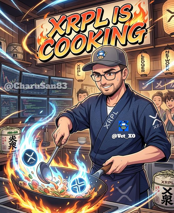 A cartoon-style illustration shows a chef in XRPL-branded attire cooking over a flaming wok, with a sign reading "XRPL IS COOKING" overhead and XRP logo coins sizzling in the pan. Watermarks "@CharuSan83" and "@Vet_X0" appear, matching the post's bullish sentiment about XRP heating up.