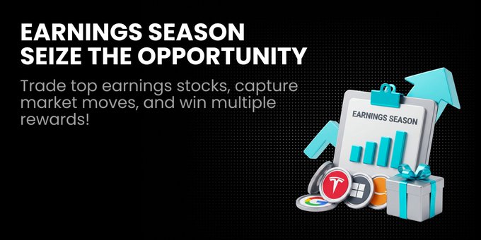 The image is a promotional banner for BitMart's "Earnings Season" campaign, featuring a clipboard with a rising bar chart, an upward arrow, a gift box, and logos for Tesla and Google, along with text reading "EARNINGS SEASON SEIZE THE OPPORTUNITY - Trade top earnings stocks, capture market moves, and win multiple rewards!" It visually reinforces the post's message by highlighting the featured stocks (Tesla, Google) and the reward-based trading opportunity during earnings season.