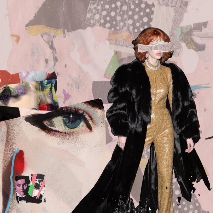 A collage features a woman in a gold sequined jumpsuit and black fur coat, alongside an image of a blue eye.