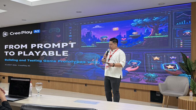 A man presents at a CreoPlay AI event titled 'FROM PROMPT TO PLAYABLE: Building and Testing Game Prototypes with...' during SGIDE 2026.