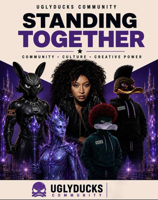 A promotional poster for the "Uglyducks Community" featuring the tagline "Standing Together – Community, Culture, Creative Power," showcasing a central figure with curly hair flanked by four diverse characters in detailed costumes, including a robotic rabbit, an icy warrior, a hooded duck, and a bird mascot wearing "Hoodie Ducks" apparel. The image visually embodies the post's message of unity and movement within the NFT community, celebrating a collective of distinct characters standing together as a symbol of pride and shared vision.