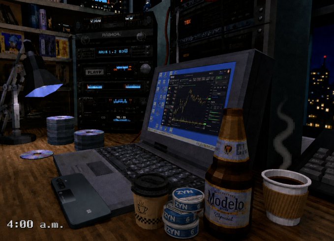 Pixel art scene labeled '4:00 a.m.' depicting a trader's desk at night with a laptop showing trading charts, stacked Zyn cans, a Modelo beer bottle, coffee cup, phone, and CD, set against a city skyline.
