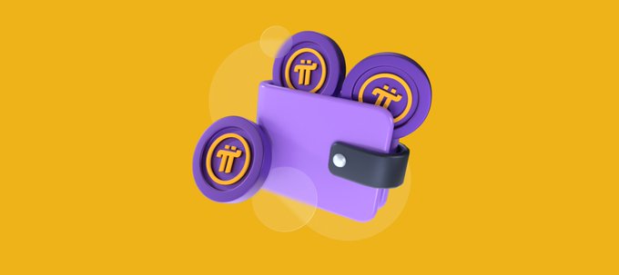 A 3D-rendered purple Pi cryptocurrency logo with the π symbol set against a yellow background.