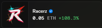 The image shows a verified NFT listing for "Racerz" priced at 0.05 ETH with a notable +108.3% increase, visually reinforcing the post's excitement about the collection's strong performance and members continuing to hold and buy at the floor price.