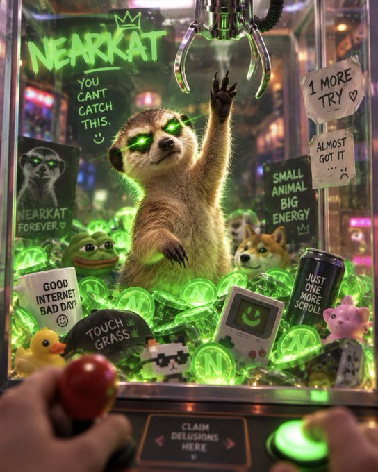 A neon-lit claw machine displays a meerkat reaching upward, surrounded by glowing green tokens and signs reading 'NEARKAT YOU CAN'T CATCH THIS', 'SMALL ANIMAL BIG ENERGY', and 'JUST ONE MORE SCROLL'.