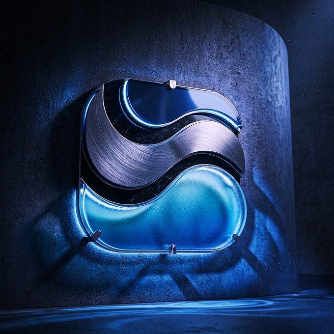 The image features a large blue and silver logo that reads "@River4Fun" and "@RiverdotInc", which are both companies involved in creating ecosystems for utility, staking, and community involvement. The logo is displayed prominently on a wall or surface, possibly as part of an advertisement or promotional material. The surrounding area appears to be dark, with the focus being on the logo itself rather than any other elements within the scene.