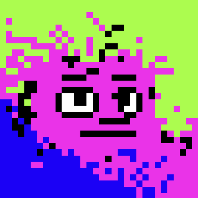 A pixel art image depicting a pink character face with a determined expression against a green and blue background.