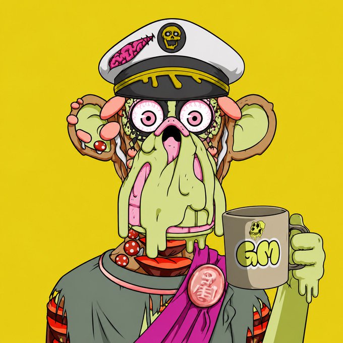A colorful cartoon illustration of a grotesque zombie-like character wearing a captain's hat, dripping green slime, and holding a 'GM' coffee mug against a bright yellow background.