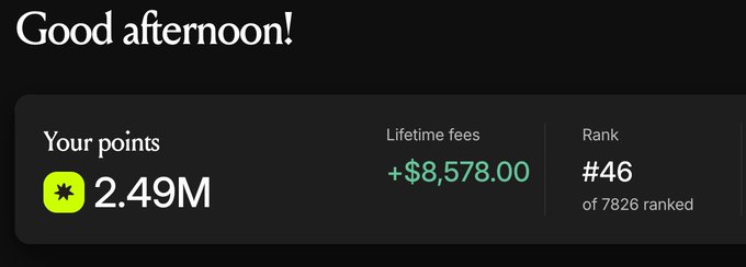 A dark dashboard greets the user with 'Good afternoon!' and displays 'Your points 2.49M', 'Lifetime fees +$8,578.00', and 'Rank #46 of 7826 ranked'.