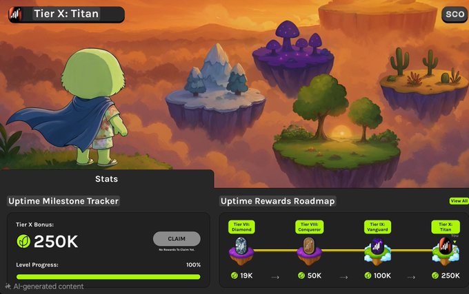 The image displays a "Tier X: Titan" rewards page from the Grass platform, featuring an animated character overlooking floating islands with an "Uptime Milestone Tracker" showing a 250K bonus (100% level progress) and an "Uptime Rewards Roadmap" progressing through Diamond (19K) → Conqueror (50K) → Vanguard (100K) → Titan (250K) tiers. It visually represents the tier progression system mentioned in the post about Grass's upcoming built-in wallet and Season 2 launch in mid-July.