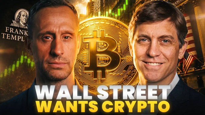A promotional YouTube thumbnail featuring two men's faces flanking a large golden Bitcoin coin, with stock chart graphics and an American flag in the background, alongside "Frank Temple" and "Wall Street Wants Crypto" text. The bold "WALL STREET WANTS CRYPTO" headline directly ties to the post's theme of Bitcoin gaining institutional bank liquidity, with the image visualizing the fusion of traditional finance and cryptocurrency that Christopher Perkins is set to discuss live at 9 AM EST.