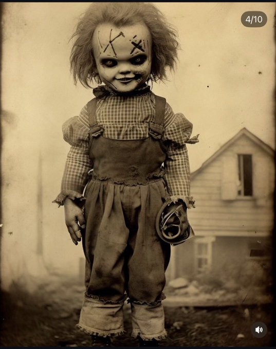 A sepia-toned vintage photograph shows a creepy doll with wild hair, marked 'X X' on its forehead, wearing tattered overalls and standing in front of an old house, with a '4/10' indicator in the corner.