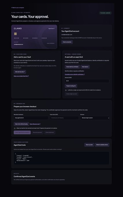 A web interface titled 'Your cards. Your approval' showing sections for CLAWD AgentCard verification, adding cards to a vault, browser checkout preparation, and AgentCard tools.