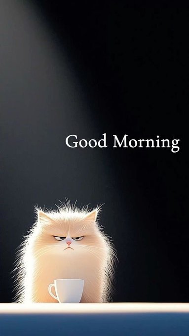 A cute orange cat with a grumpy expression peeking over a white coffee cup against a dark background with the text "Good Morning" displayed above.