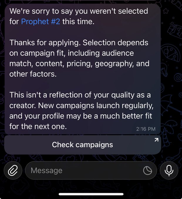 A Telegram message from "Prophet #2" rejecting a creator application, with the user humorously responding by calling themselves a "washed KOL" after only making $244 from the partnership.