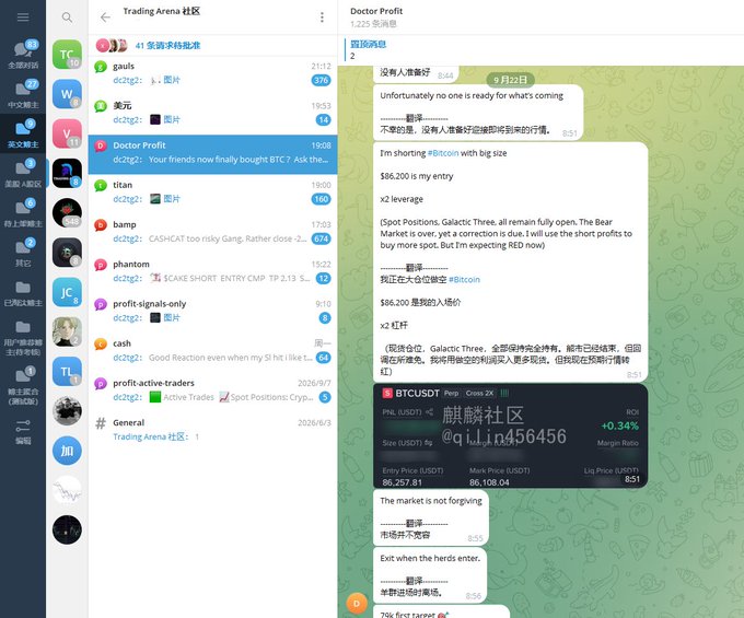 A Telegram trading group screenshot showing a chat in the "Trading Arena" channel where top blogger @DrProfitCrypto announces a short entry on BTCUSDT at $86,200 with a liquidation price of $51, displayed alongside the BTCUSDT price ticker showing 86,257.81. The post highlights this trader's recent shift from a bullish long position to an unexpected short, aligning with the caption noting he was one of the earliest to call for going long before suddenly reversing to short.