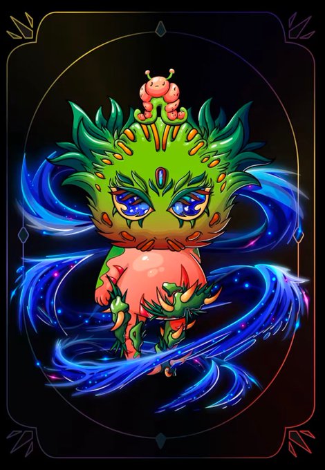 A tarot-style illustration of a green, dragon-like creature with blue eyes, a small pink figure on its head, and a pink apron, surrounded by blue cosmic swirls on a dark background.