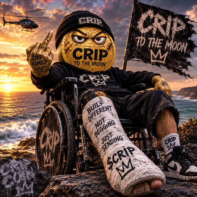 The image shows a defiant cartoon figure with a cracked, textured head labeled "$CRIP TO THE MOON" sitting in a wheelchair, raising a middle finger bearing "CRIP FAMILY," with a cast reading "BUILT DIFFERENT, NOT BEGGING, JUST SENDING $CRIP," alongside a tattered flag proclaiming "CRIP TO THE MOON" and a helicopter in the background—all matching the post's underdog theme of overcoming mockery from a wheelchair to send $CRIP "to the moon" without selling.