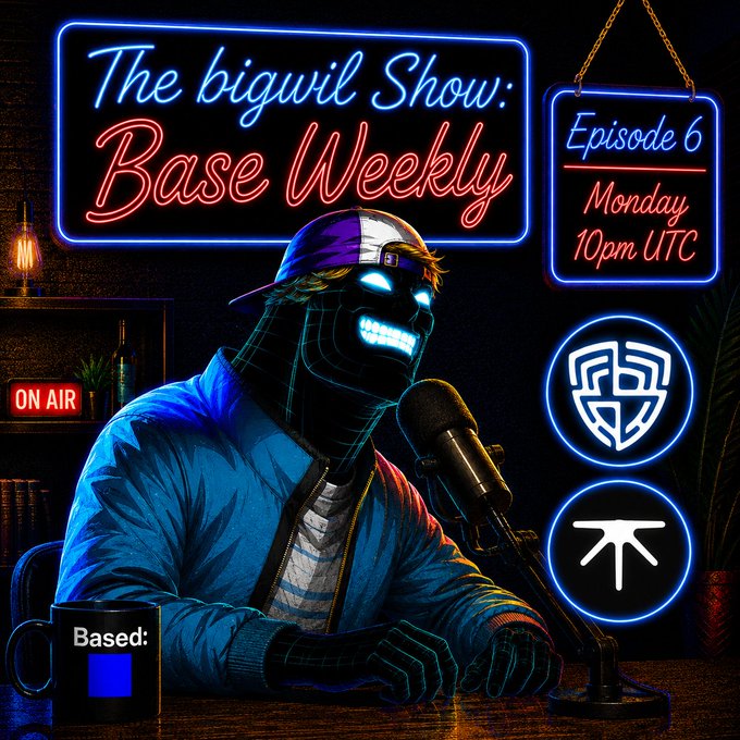A neon-lit podcast cover for 'The bigwil Show: Base Weekly, Episode 6, Monday 10pm UTC' features a masked character at a microphone, an 'ON AIR' sign, and 'Based:' mug with a blue square.