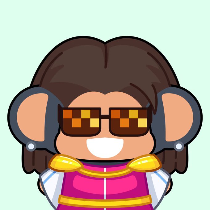 A cartoon avatar of a person with brown hair, large round ears, pixelated sunglasses, and a pink outfit smiling against a light green background.