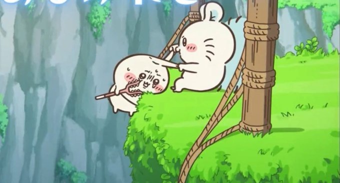 An animated cartoon featuring two white rabbits with red cheeks on a grassy cliff edge, one holding a stick and pulling the other, who looks distressed.
